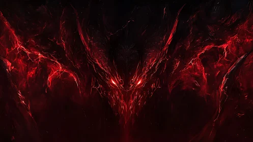 Demonic red entity emerges from abstract dark background