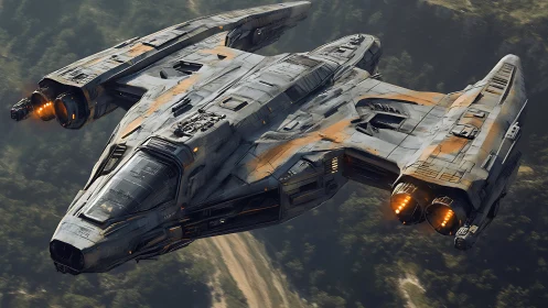 Gunmetal dropship cuts low through forested canyon. Period.