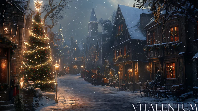 Midwinter village glows beneath starlit Christmas snowfall.
