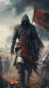 Hooded medieval warrior in armor on smoky battlefield scene.
