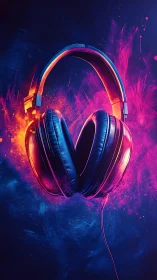 Neon headphones glow against vibrant abstract paint blast