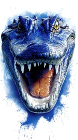 Blue reptile head roars with bared fangs on white background