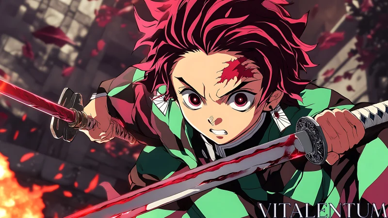 Fierce anime swordsman charges forward with blazing resolve