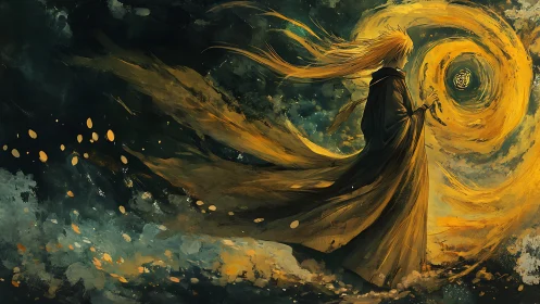 Robe clad figure controls swirling golden energy vortex