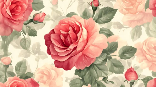 Botanical rose arrangement with gradient pink tones and green foliage