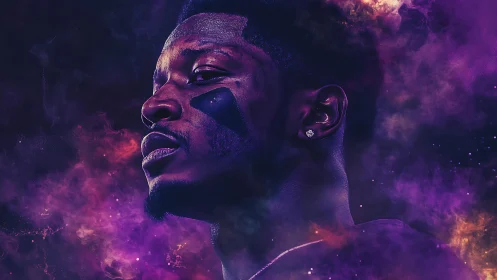 Neon-lit athletic portrait merges cosmic smoke and sharp profile