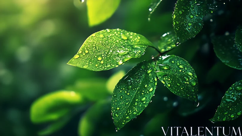 Morning rain clings gently to glowing green garden leaves