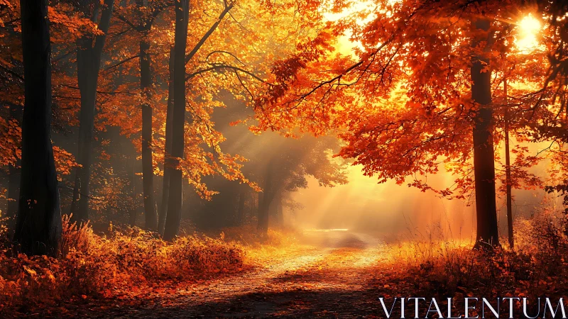 Autumn Forest Path Bathed in Golden Sunlight