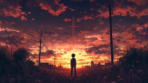Solitary figure under blazing urban sunset sky cross