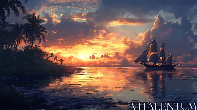 Tall ship sailing past tropical island at vivid sunset.