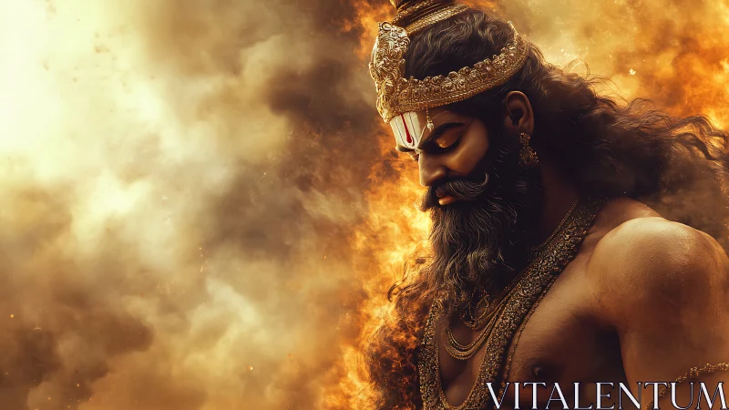 Mythic warrior profile amid incandescent firestorm haze