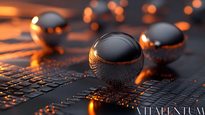 Reflective chrome spheres rest on illuminated circuit surface