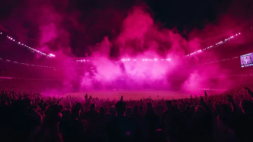 Stadium crowd immersed in magenta smoke under intense floodlights
