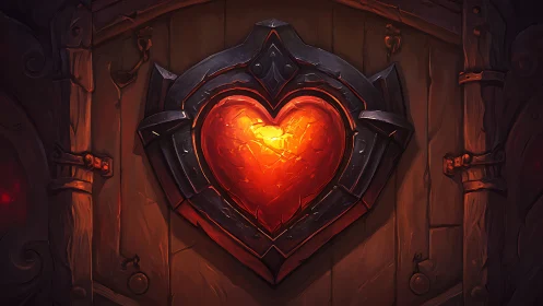 Metal-framed glowing heart emblem on heavy wooden door.