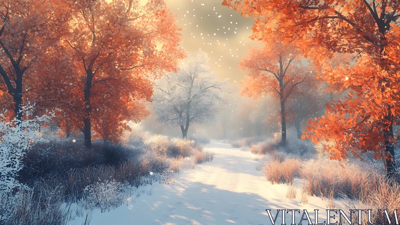 Transitional snowfall across autumnal forest corridor path.