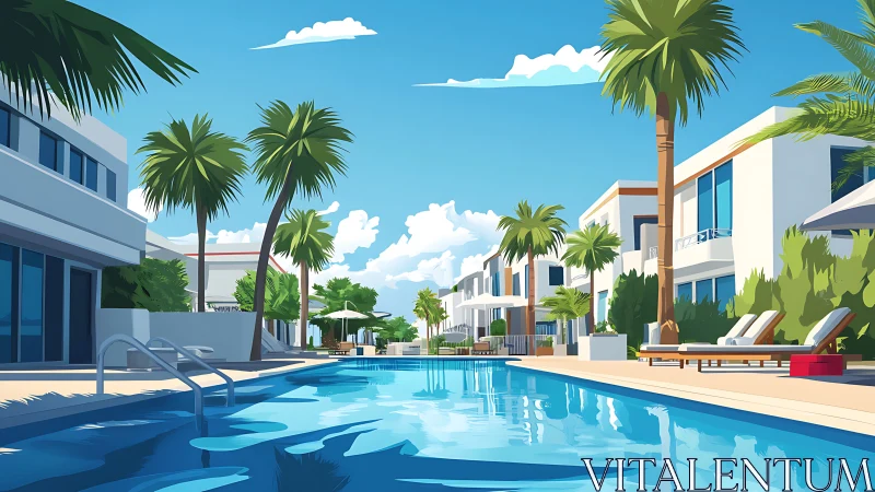 Modern resort pool framed by palm trees under clear sky.