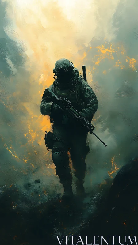 Tactical operator silhouette in burning fog battlefield environment