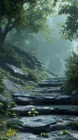 Misty Forest Path with Stepping Stones.