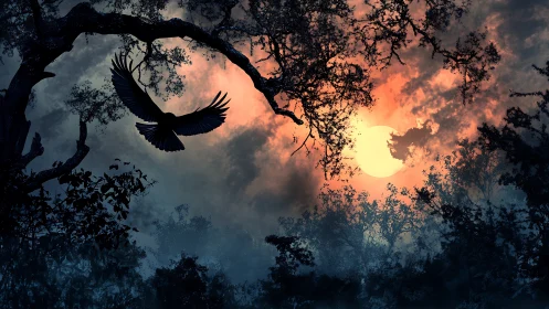 Silhouetted bird crosses dense forest canopy at vivid sunset