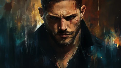 Scars of dusk: brooding antihero in molten city light.