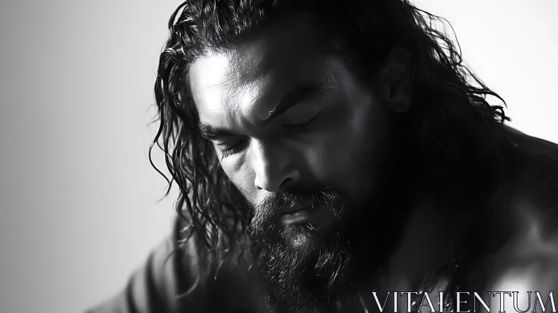 Brooding bearded wanderer in silvered monochrome light.