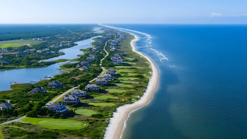 Coastal golf community stretches along tranquil blue shoreline.