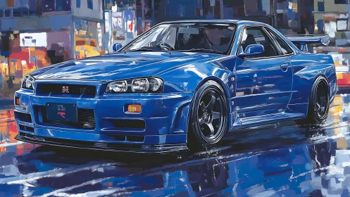 Digital painting of blue street racer in neon wet cityscape.