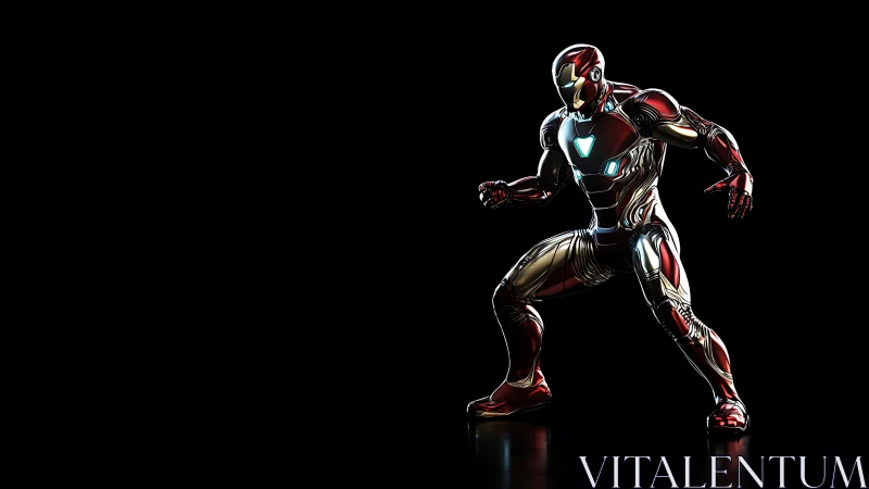 Red chrome exosuit warrior in dynamic three-quarter combat pose