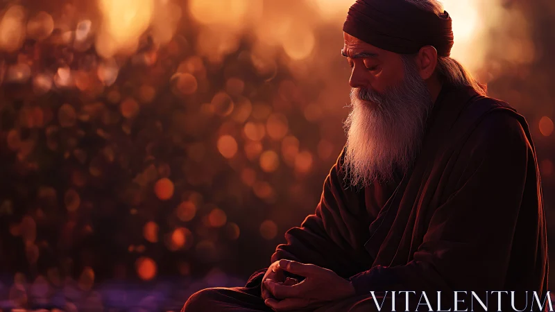Elderly monk meditating in warm sunset bokeh light.
