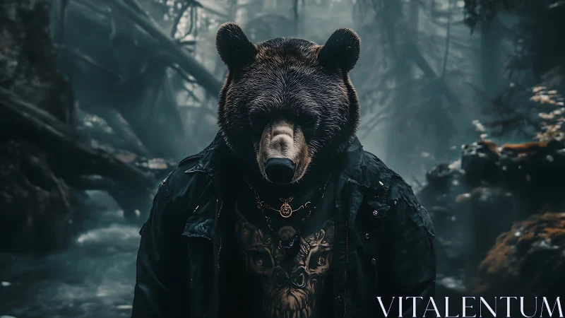 Anthropomorphic bear wanderer in fog-drenched forest gorge.