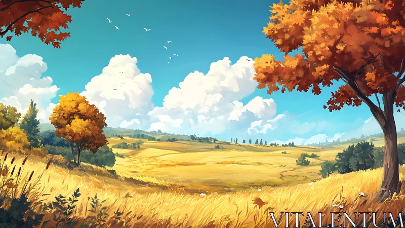 Autumn trees and open fields under scattered cumulus clouds.