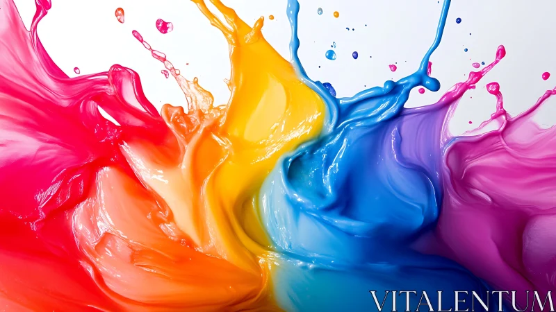 Multicolor liquid paint splashes forming central radial burst.