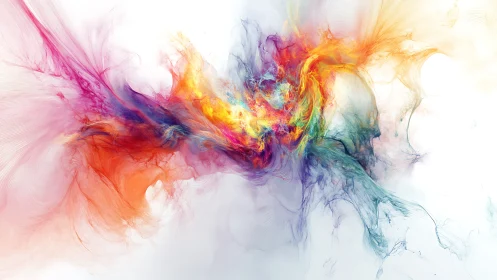 Multicolor abstract plume across white negative space field.