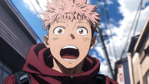 Shocked pink haired anime teen in city street closeup.