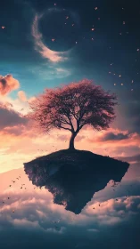 Solitary tree stands on floating island against crescent sky