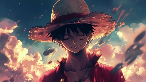 Straw-hatted figure stands against illuminated cloud backdrop