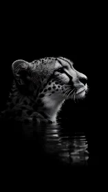 Cheetah in shadowed water gazes upward in silent focus