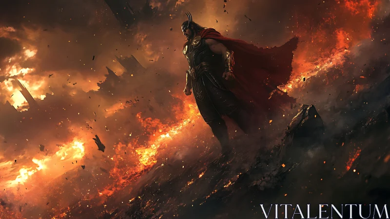 Storm-clad warrior walking through rivers of molten dusk.