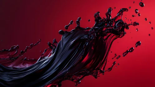 Dark liquid splash in dramatic motion, vivid red background.
