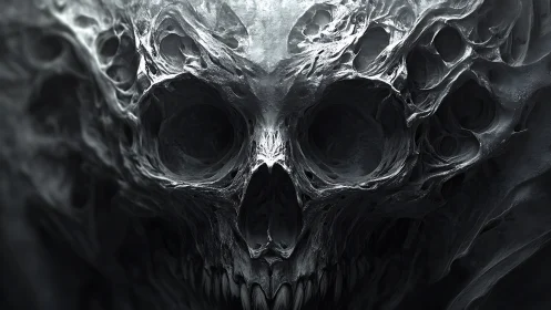 Monochrome digital skull formed from swirling carved voids.