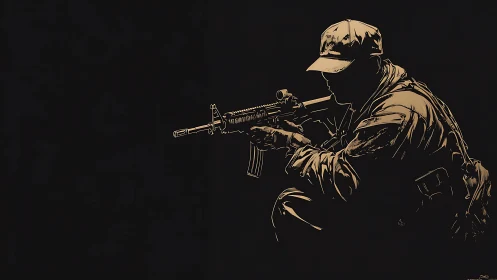 Silhouetted armed figure kneels with rifle against dark field