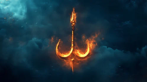 Fiery trident hook symbol burning in dark storm clouds