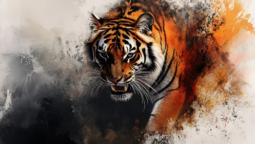 High-contrast tiger portrait with dynamic splatter brushwork and motion