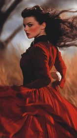 Scarlet-gowned woman turns in wind-swept, cinematic field.