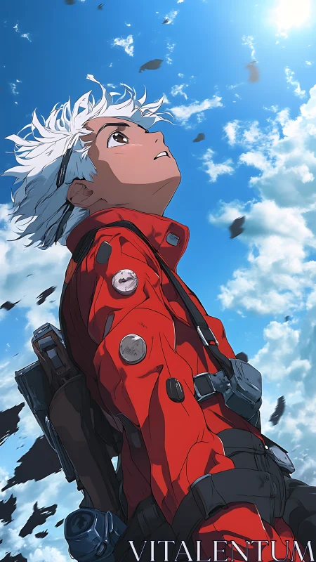 Skybound wanderer in red coat silently studies falling ash