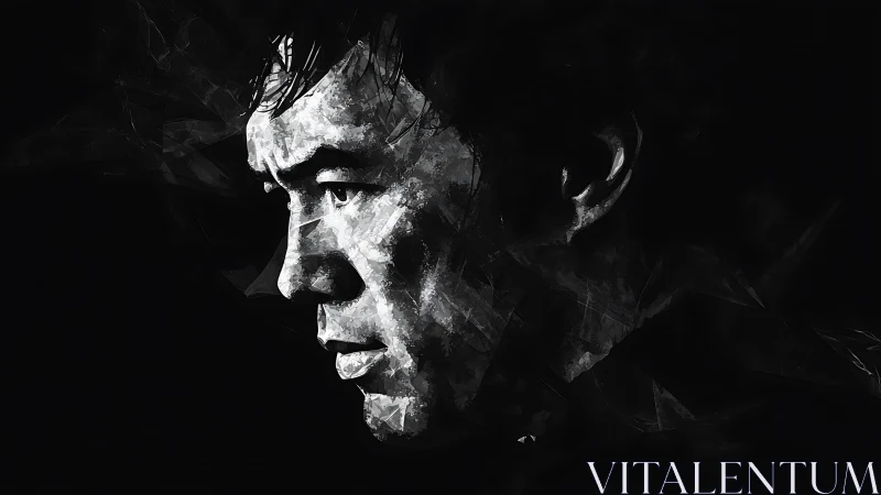Monochrome male profile rendered in fractured digital chiaroscuro.