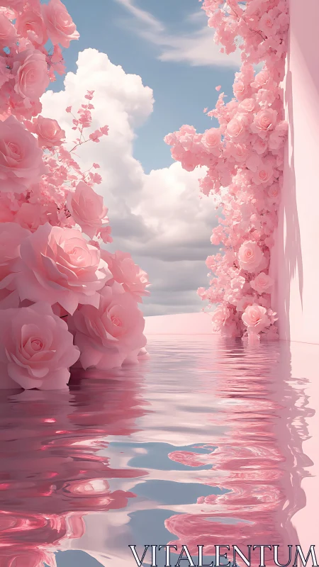 Soft pink roses frame a reflective water surface in ethereal light