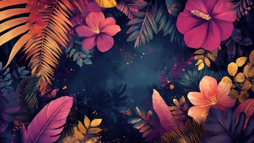 Neon Floral Nocturne: Vibrant Digital Botanical Composition with Luminescent Accents