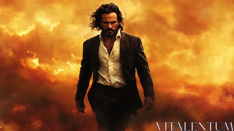 Man in suit walking forward against dense orange smoke.