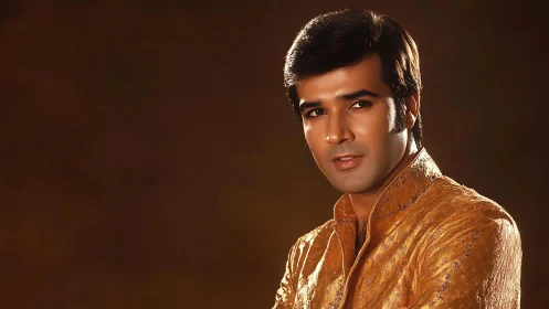 Formal studio portrait of man in gold embroidered sherwani